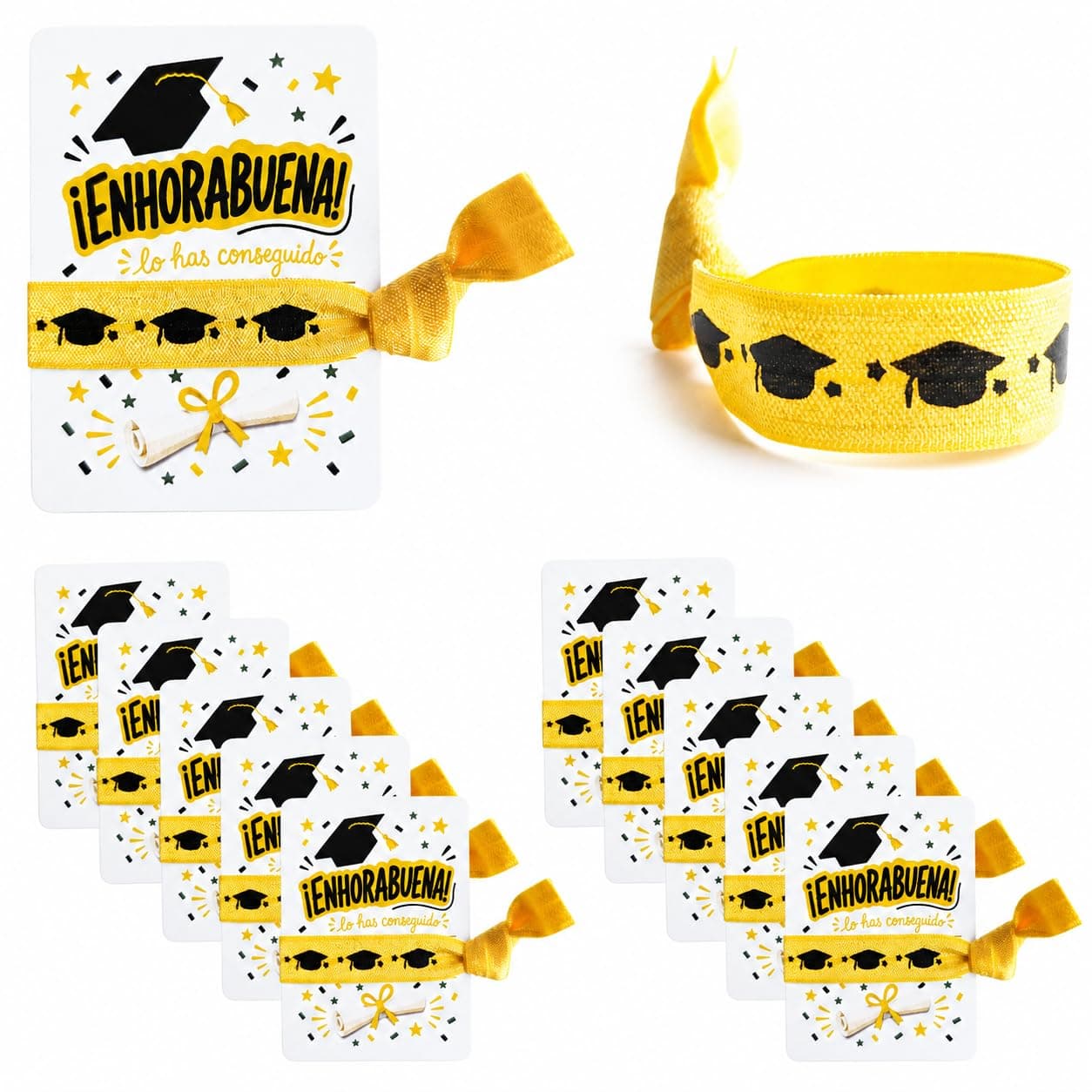 Sildea Graduation Bracelets — pack of 10 yellow bracelets with black graduation cap motifs
